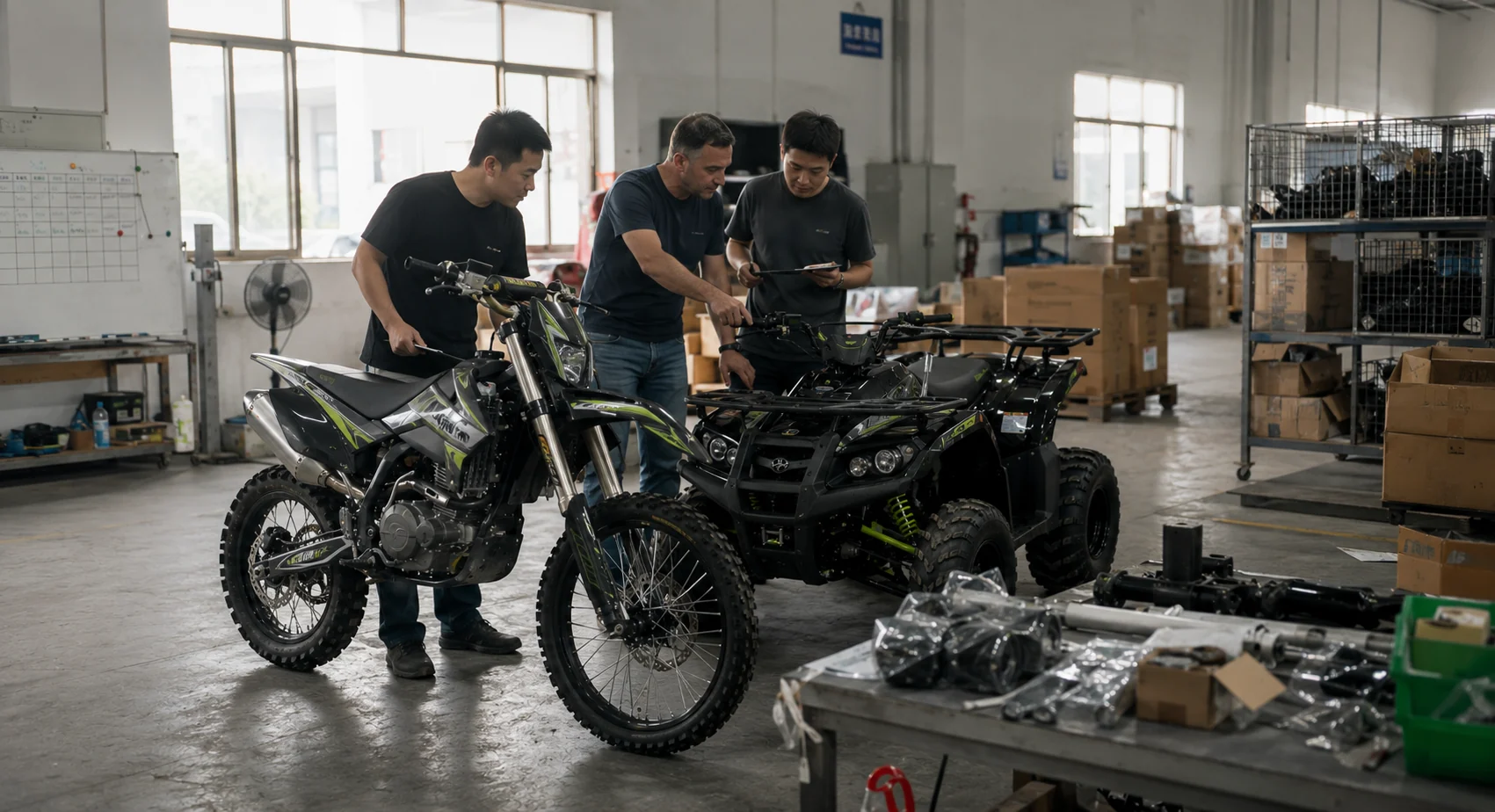 Illustrative B2B powersports product discussion with dirt bike and ATV