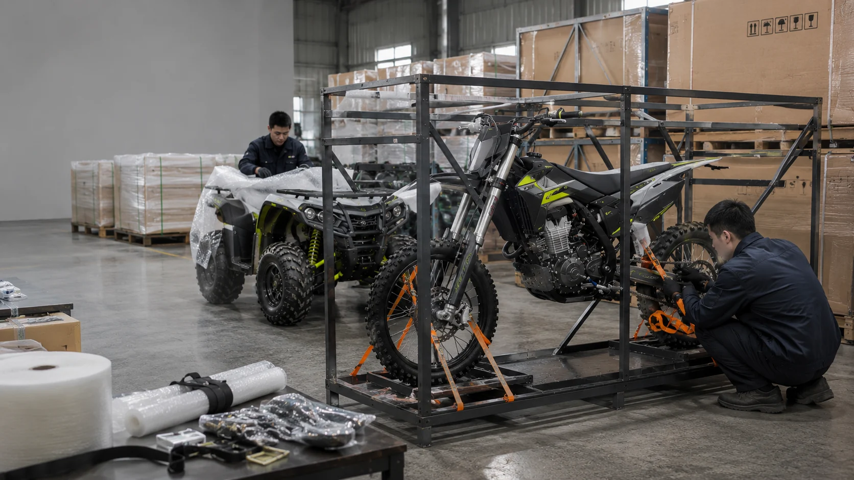 Illustrative powersports export packing workflow with dirt bike and ATV