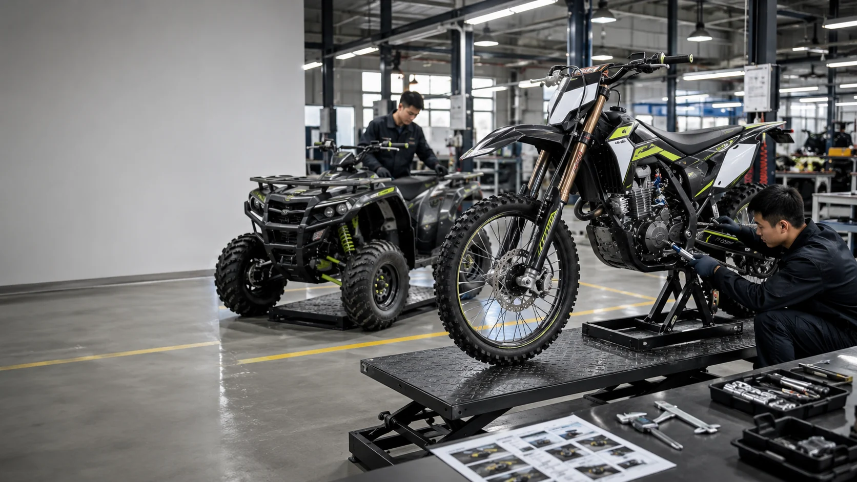 Powersports quality inspection process visual with dirt bike and ATV